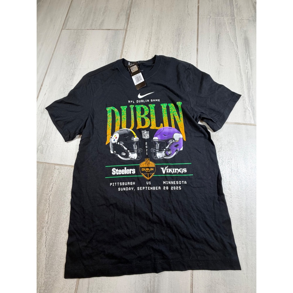 Nike NFL Dublin Game 2025 Steelers vs Vikings Black Graphic T-Shirt Small NWT